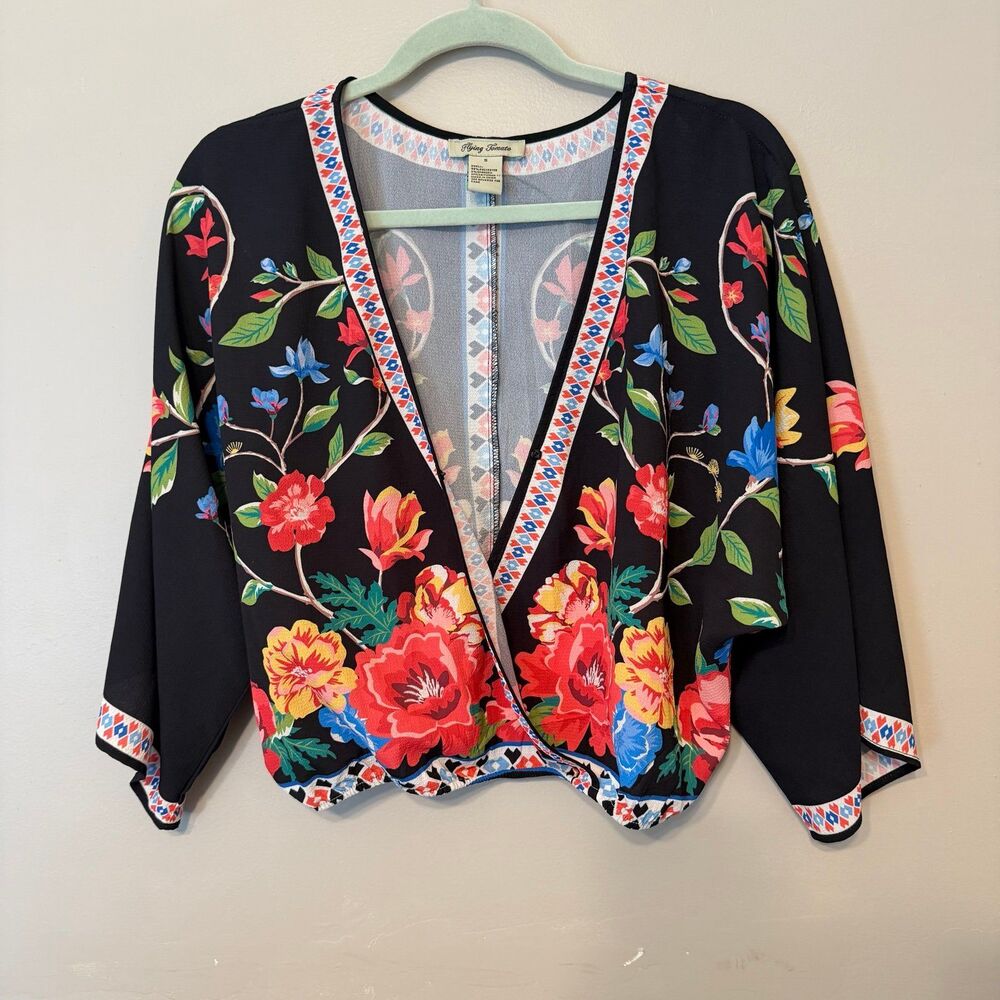 Flying Tomato Boho Floral Surplice Wrap Crop Top S Black Kimono Sleeve Geometric